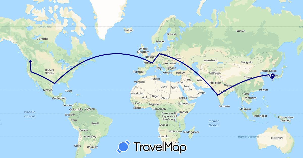 TravelMap itinerary: driving in Switzerland, Germany, India, Japan, South Korea, United States (Asia, Europe, North America)